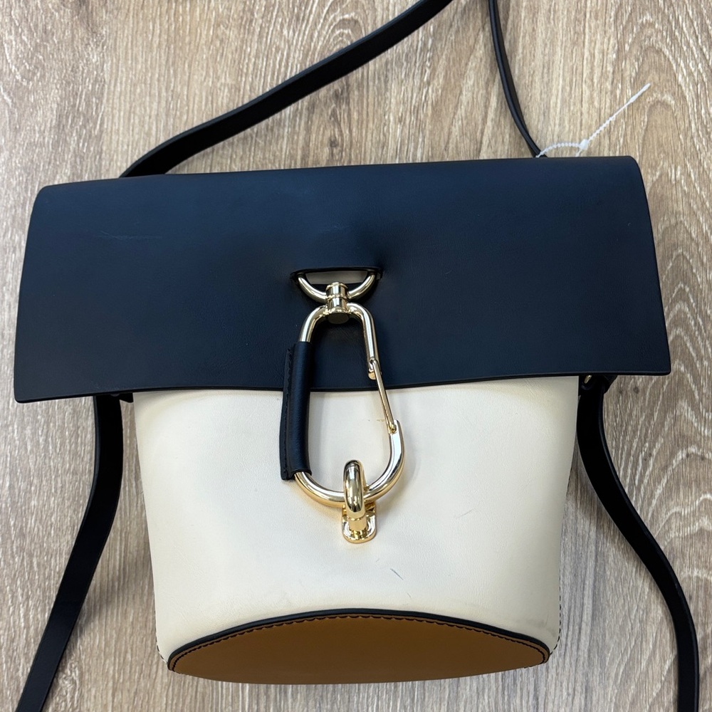 ZAC Posen Two-Tone Black and Cream Bucket Crossbody Bag with Gold Hardware
